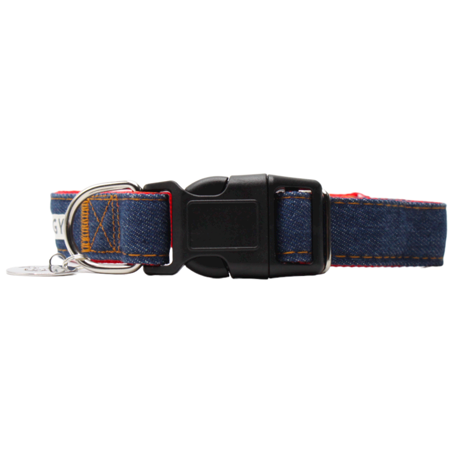 collier chien boucle plastique jean denim bleu rouge twiggy