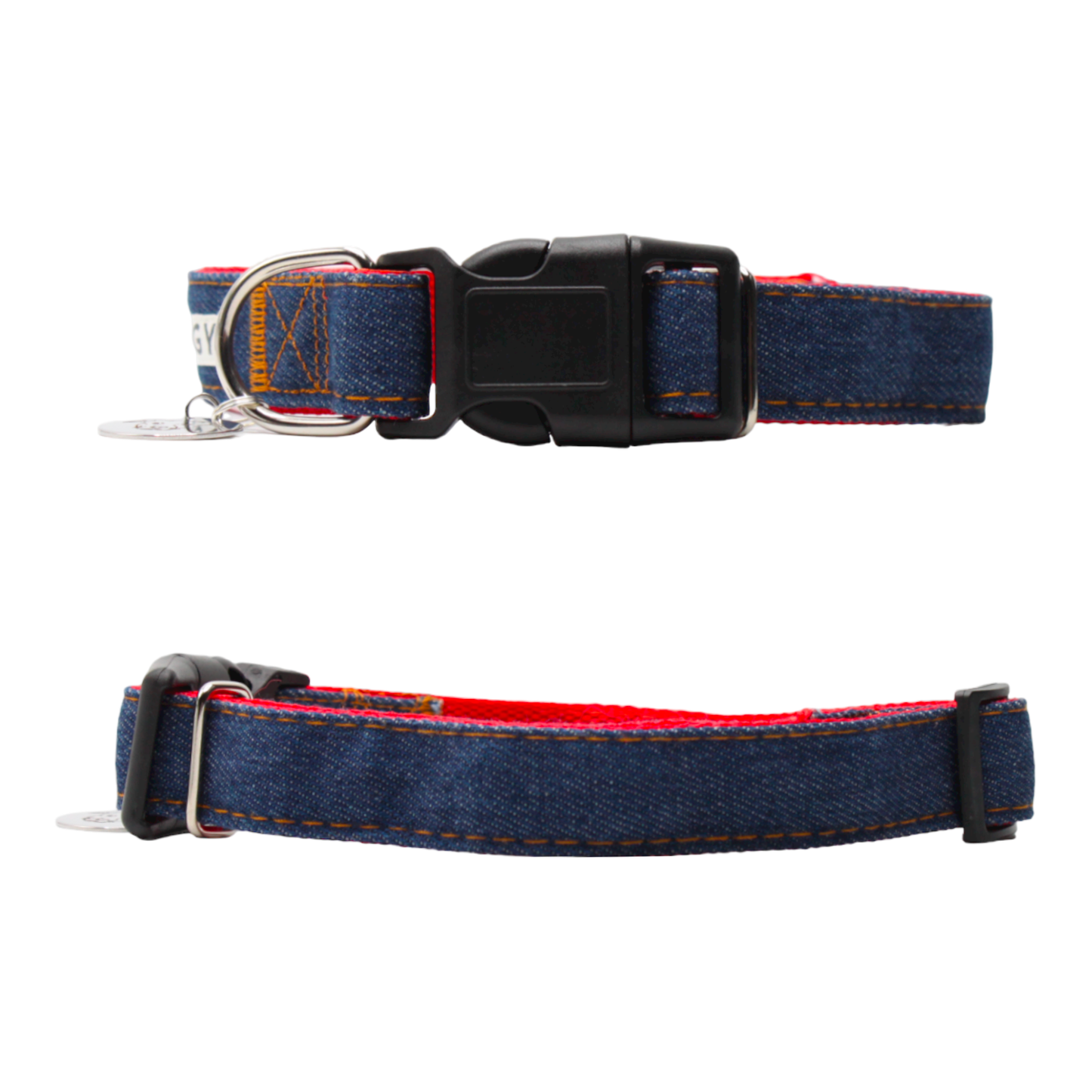 collier chien boucle plastique jean denim bleu rouge twiggy
