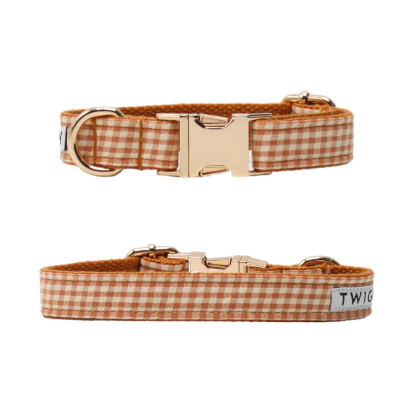 collier chien vichy carreaux boucle dorée marron et blanc twiggy