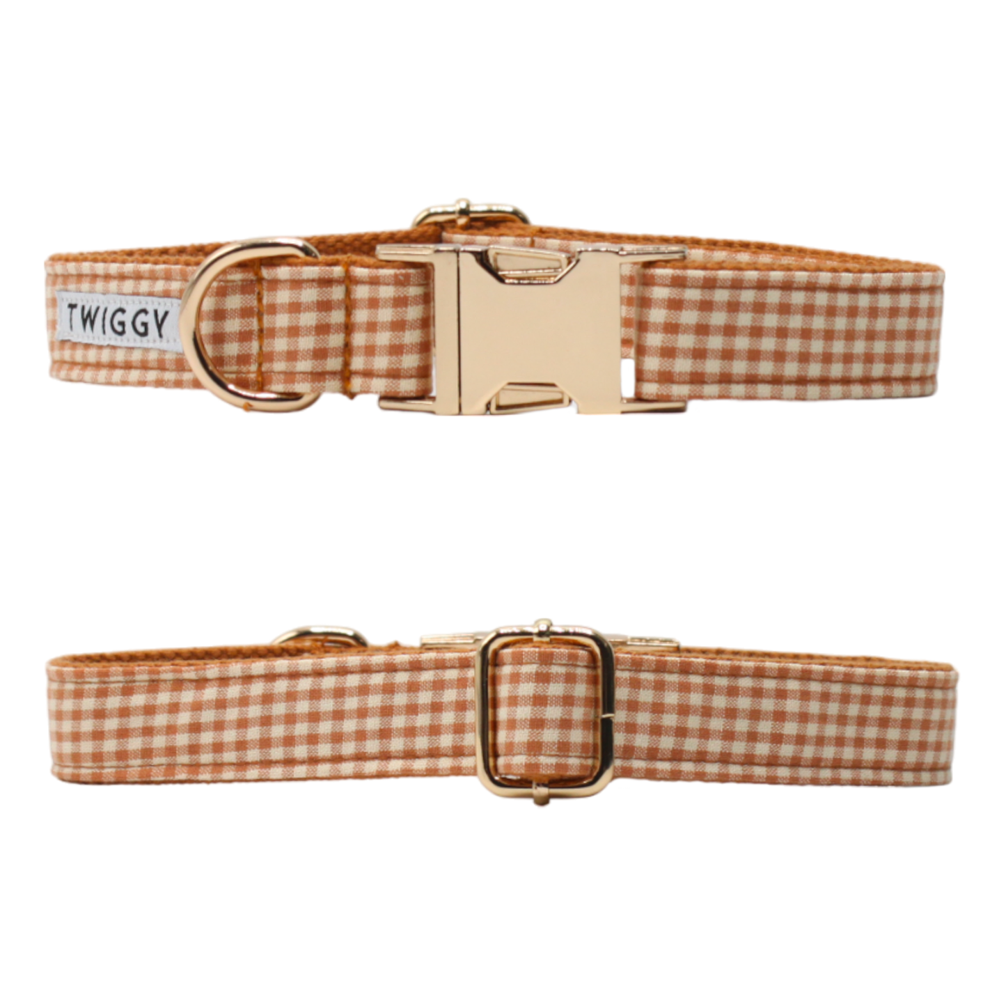 collier chien vichy carreaux boucle dorée marron et blanc twiggy