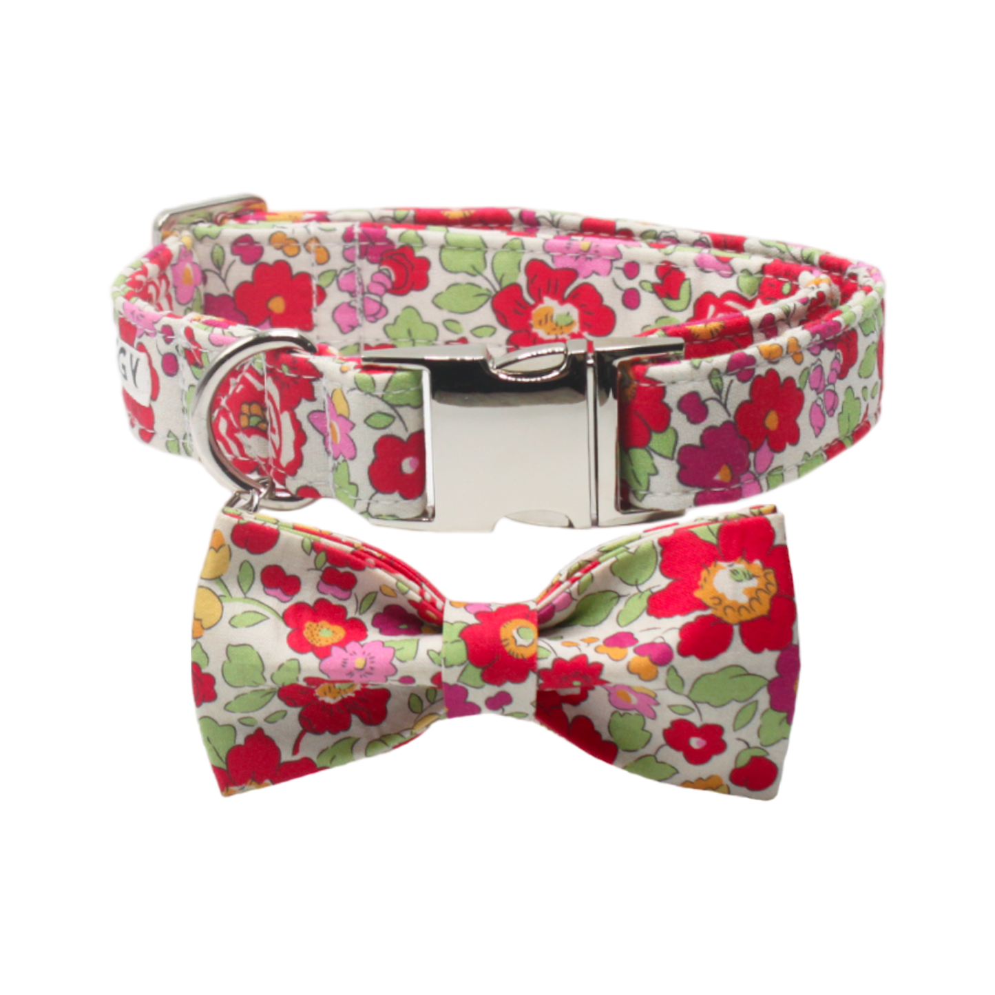 collier chien noeud papillon liberty fleurs boucle métal argenté rose vert twiggy