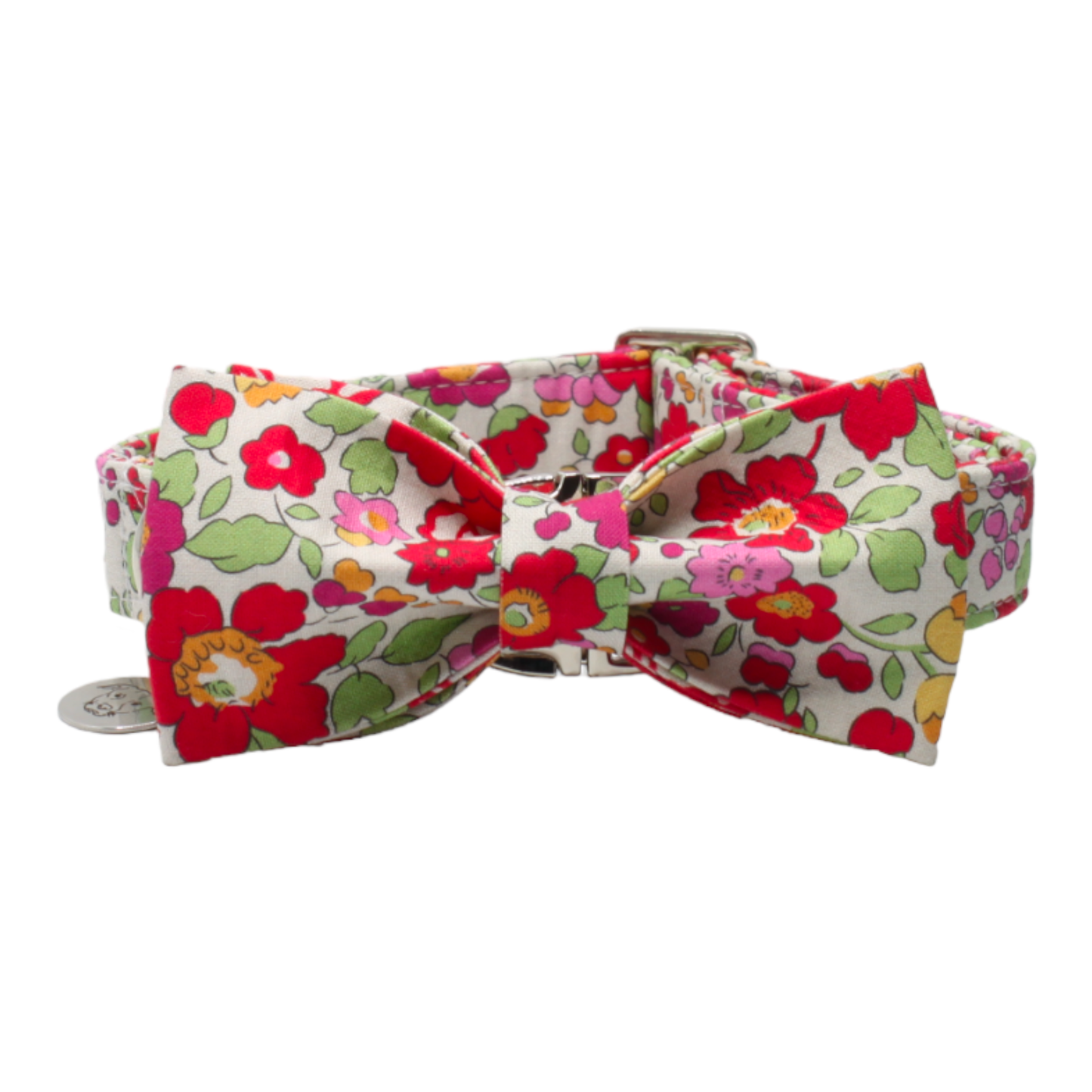 collier chien noeud papillon liberty fleurs boucle métal argenté rose vert twiggy