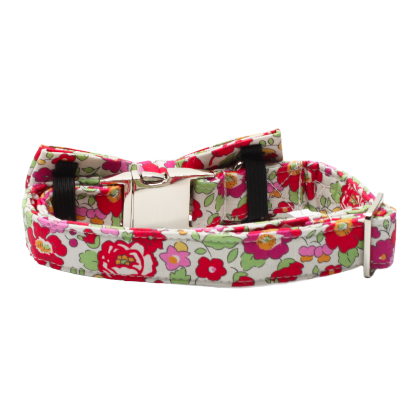 collier chien noeud papillon liberty fleurs boucle métal argenté rose vert twiggy
