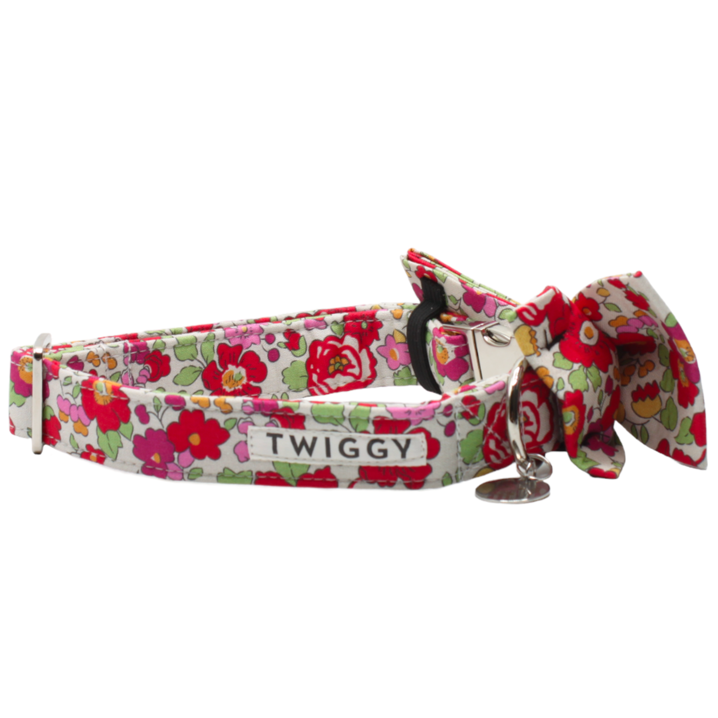collier chien noeud papillon liberty fleurs boucle métal argenté rose vert twiggy