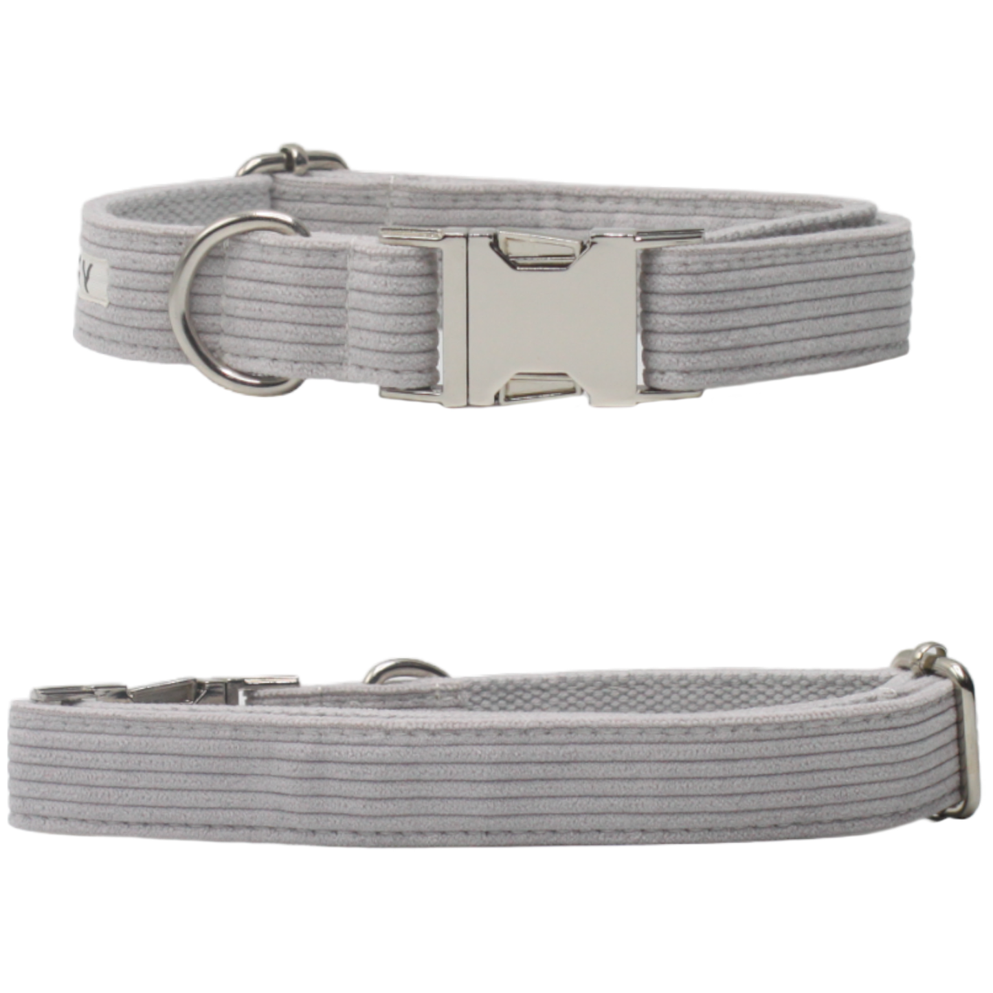 collier chien velours côtelé boucle métal argenté gris clair twiggy