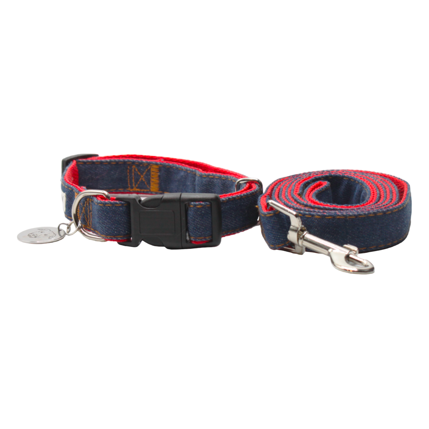 collier laisse chien boucle plastique jean denim bleu rouge twiggy