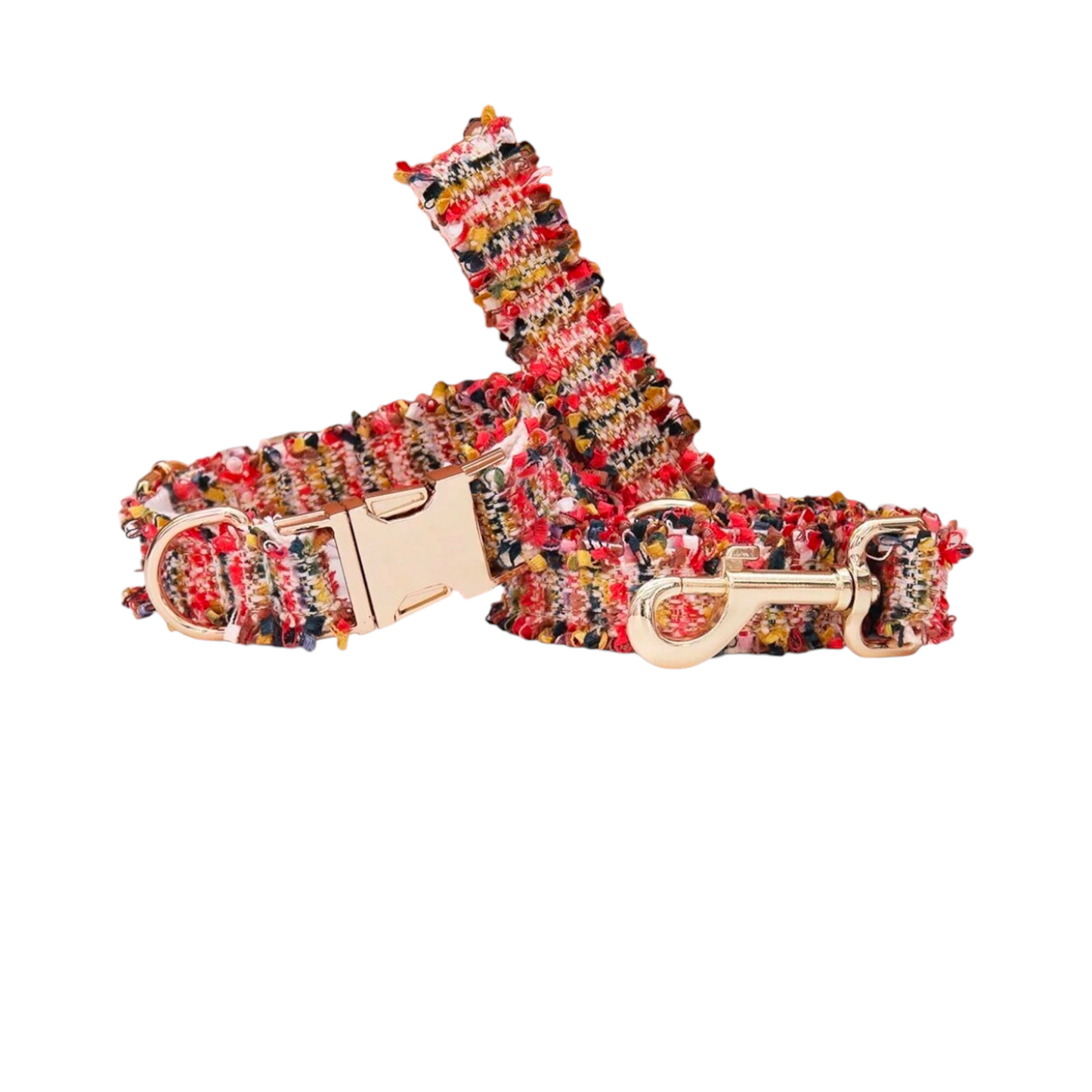 Collier laisse chien tweed dentelé rose boucle dorée twiggy