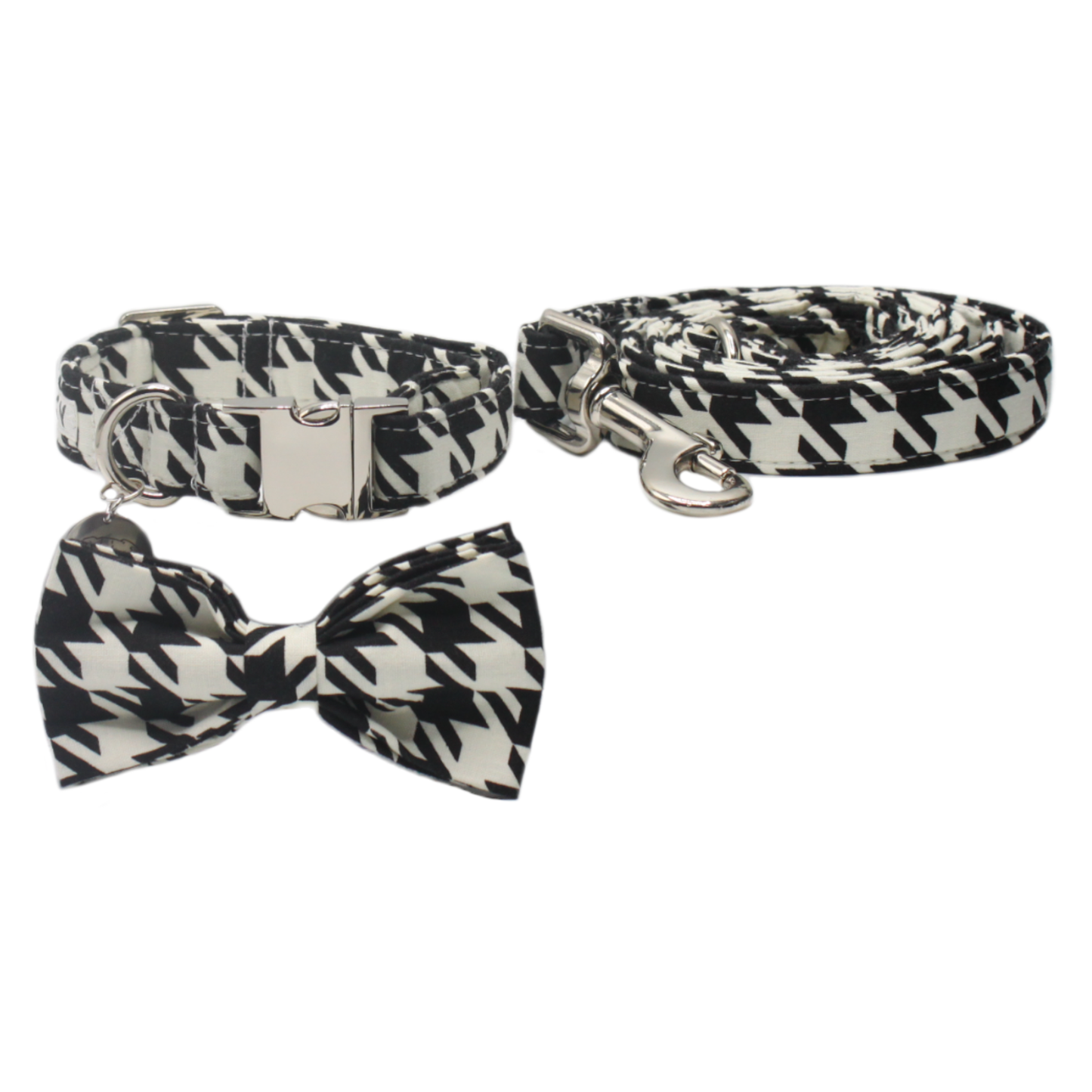 collier laisse chien boucle métal argenté pied de coq noeud papillon noir blanc twiggy