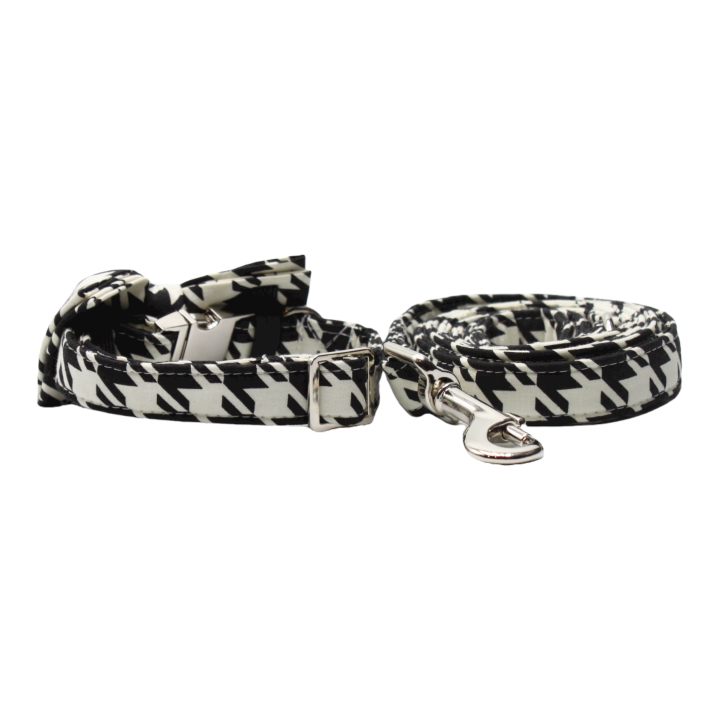 collier laisse chien boucle métal argenté pied de coq noeud papillon noir blanc twiggy