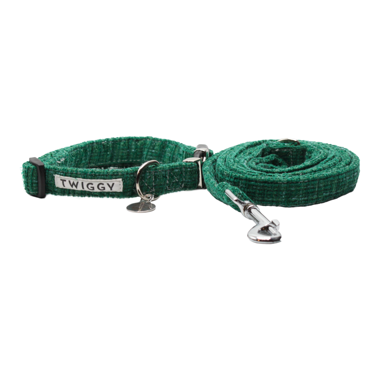 collier laisse chien tweed boucle metal argenté vert twiggy