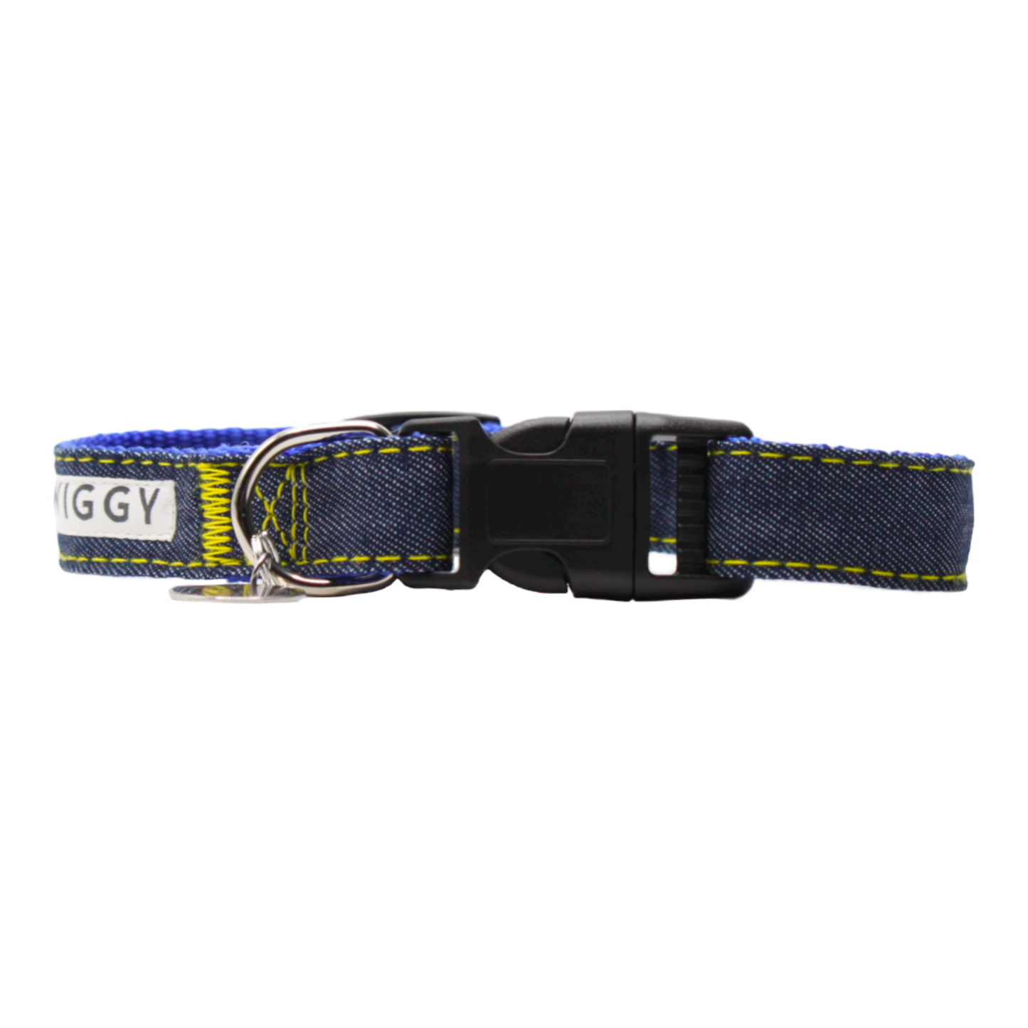 collier chien boucle plastique jean denim bleu marine jaune twiggy