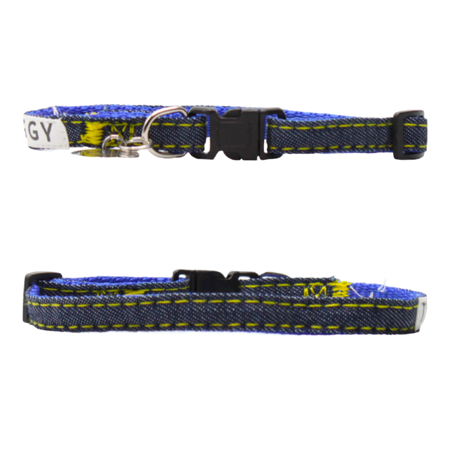 collier chien boucle plastique jean denim bleu marine jaune twiggy