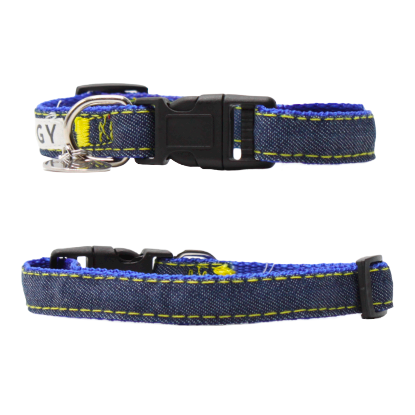collier chien boucle plastique jean denim bleu marine jaune twiggy