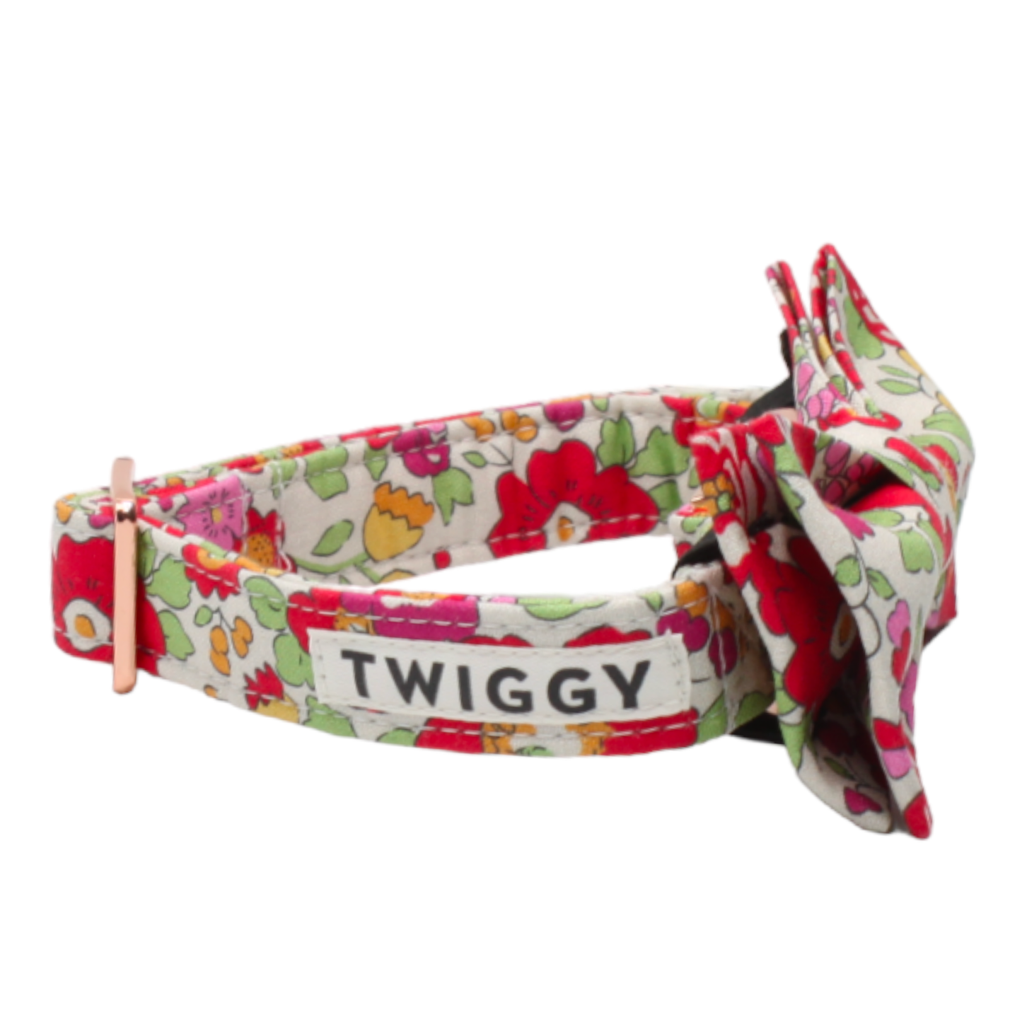 collier chien noeud papillon liberty fleurs boucle or rose vert twiggy