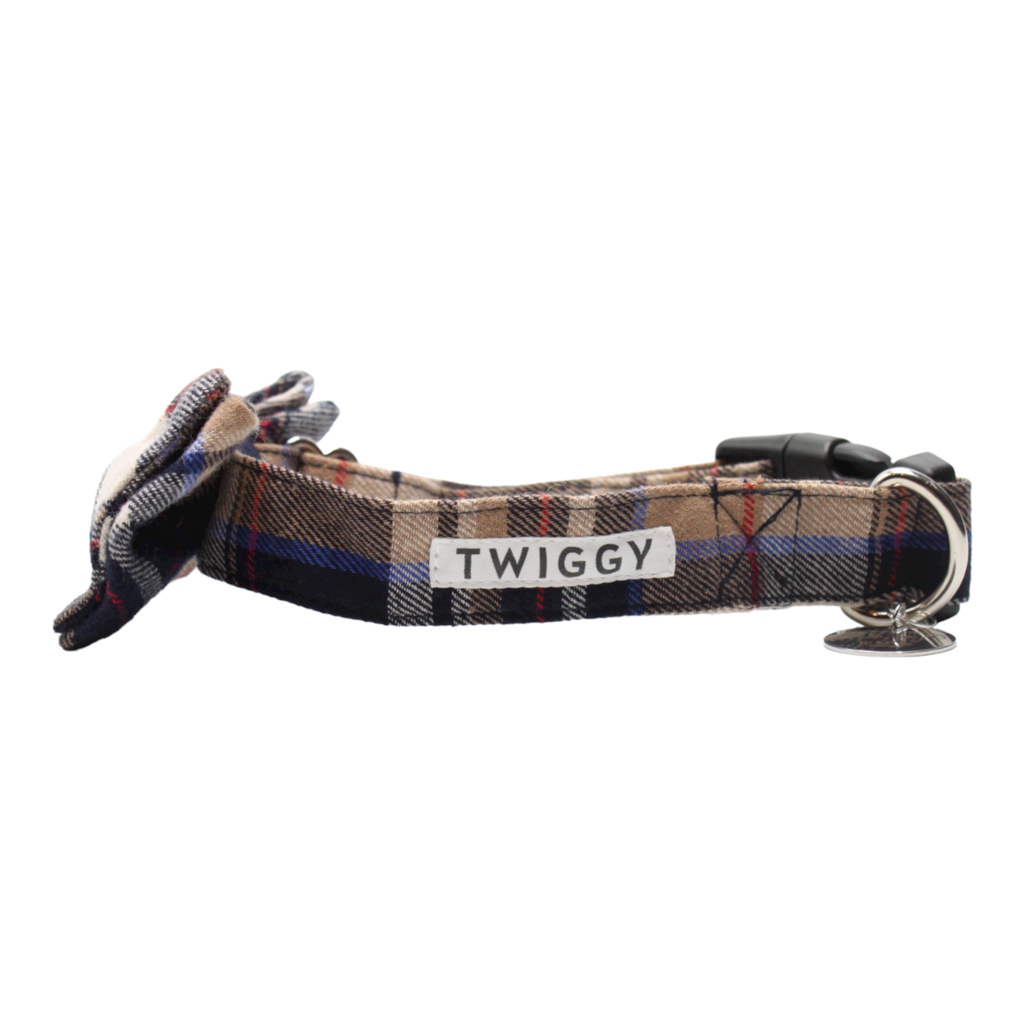 collier chien boucle plastique écossais tartan noeud papillon beige twiggy
