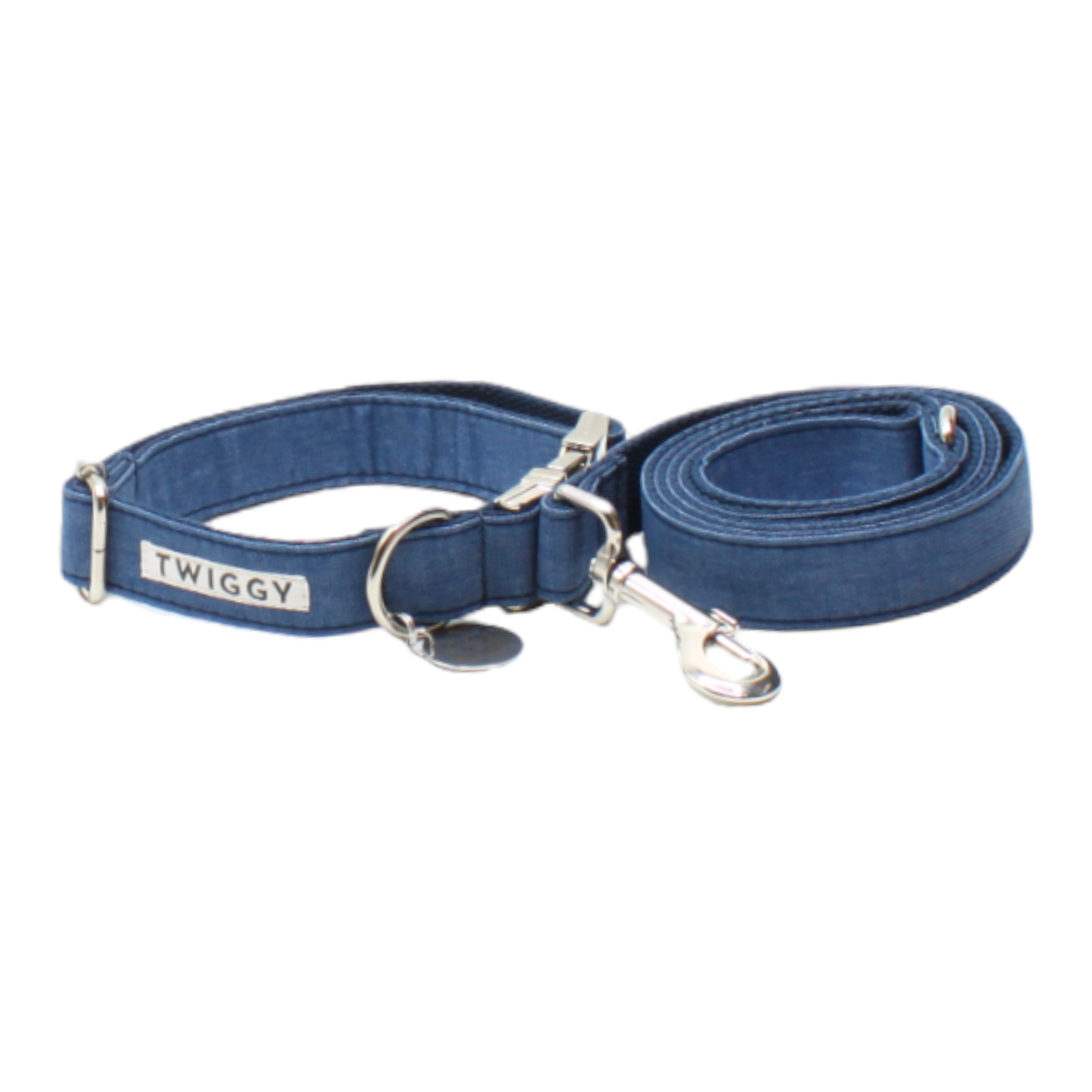 collier laisse chien denim jean boucle métal argenté bleu marine twiggy
