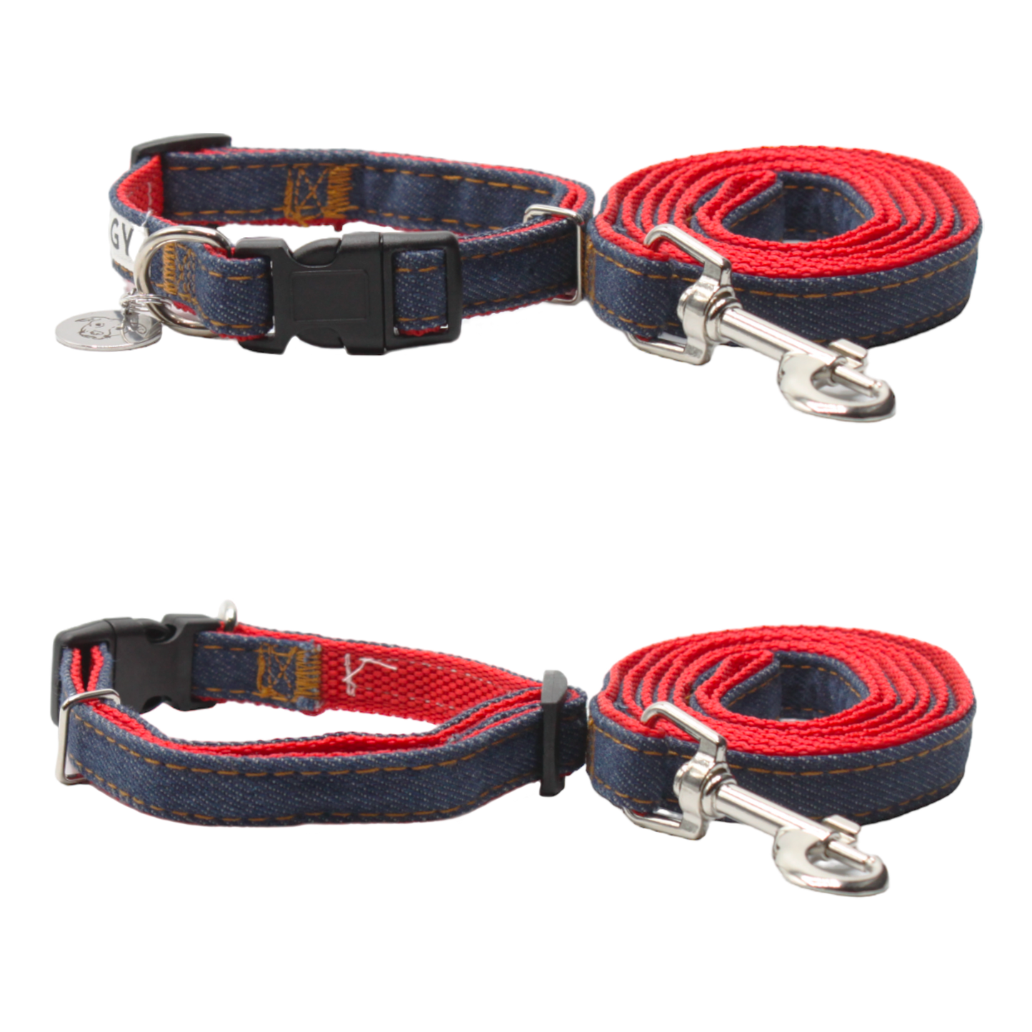 collier laisse chien boucle plastique jean denim bleu rouge twiggy