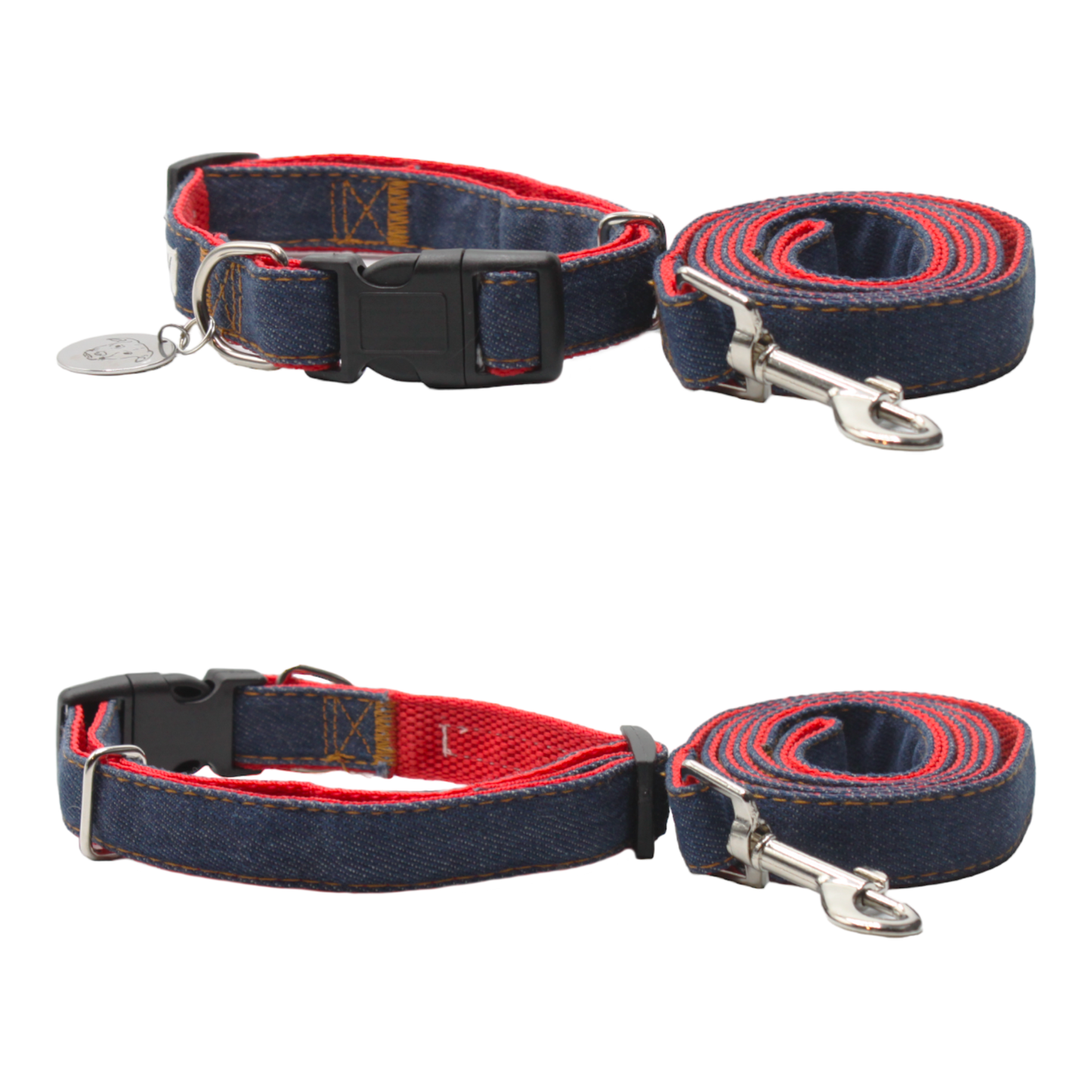 collier laisse chien boucle plastique jean denim bleu rouge twiggy
