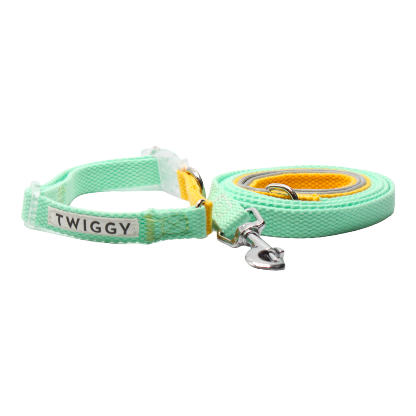 collier laisse chien boucle plastique transparente bicolore jaune vert double anneaux twiggy