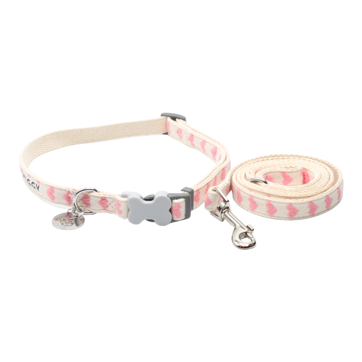 collier laisse chien boucle plastique os coeurs rose saint-valentin twiggy