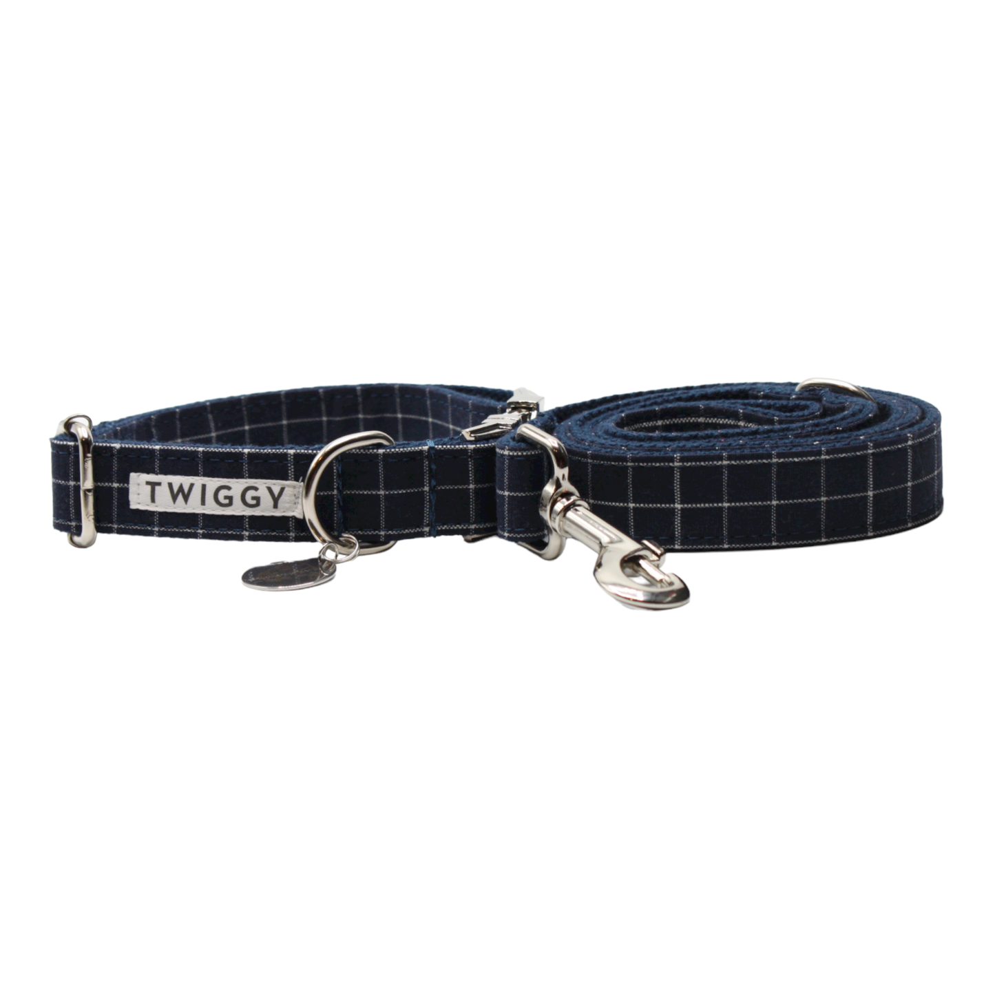 collier laisse chien boucle métal carreaux chic bleu twiggy