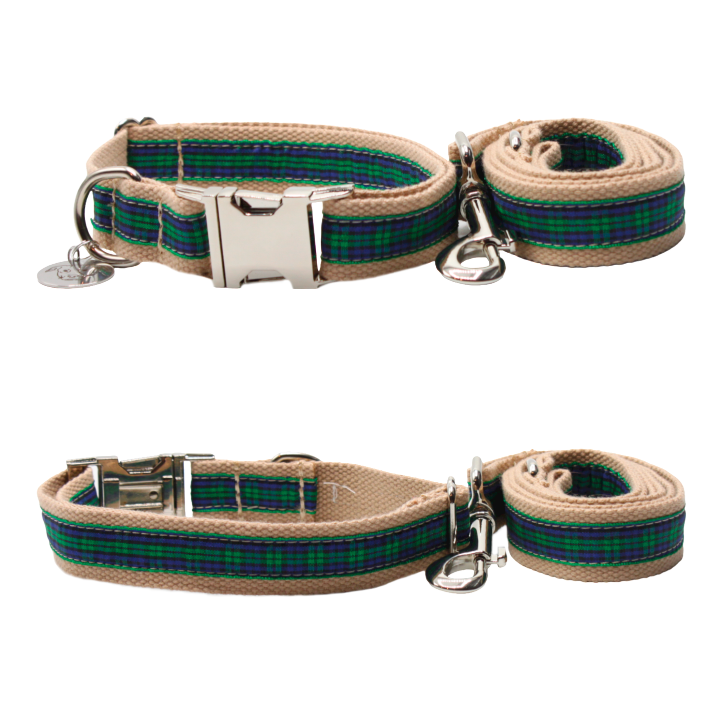 collier laisse chien boucle métal argenté écossais tartan vert twiggy