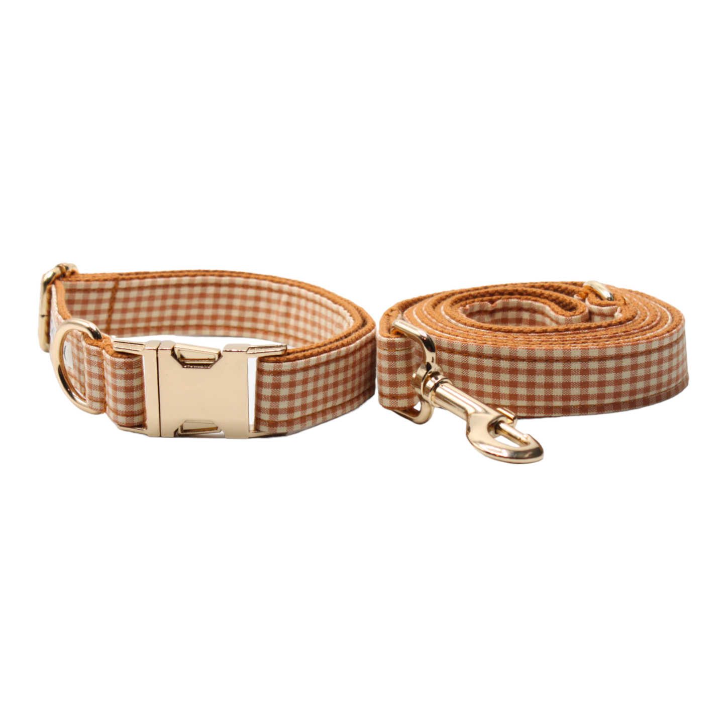 collier laisse chien boucle dorée carreaux vichy marron camel blanc chic twiggy