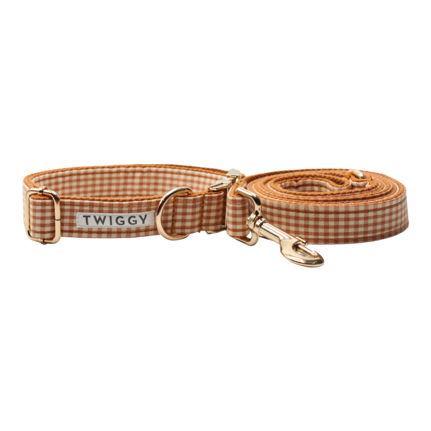 collier laisse chien boucle dorée carreaux vichy marron camel blanc chic twiggy