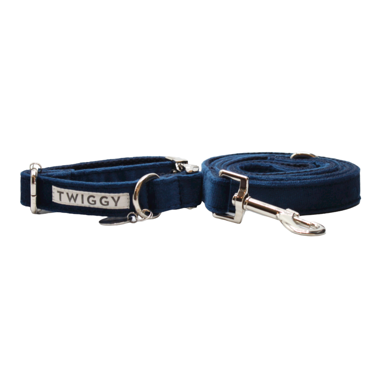 collier laisse chien velours boucle métal argenté chic bleu marine twiggy