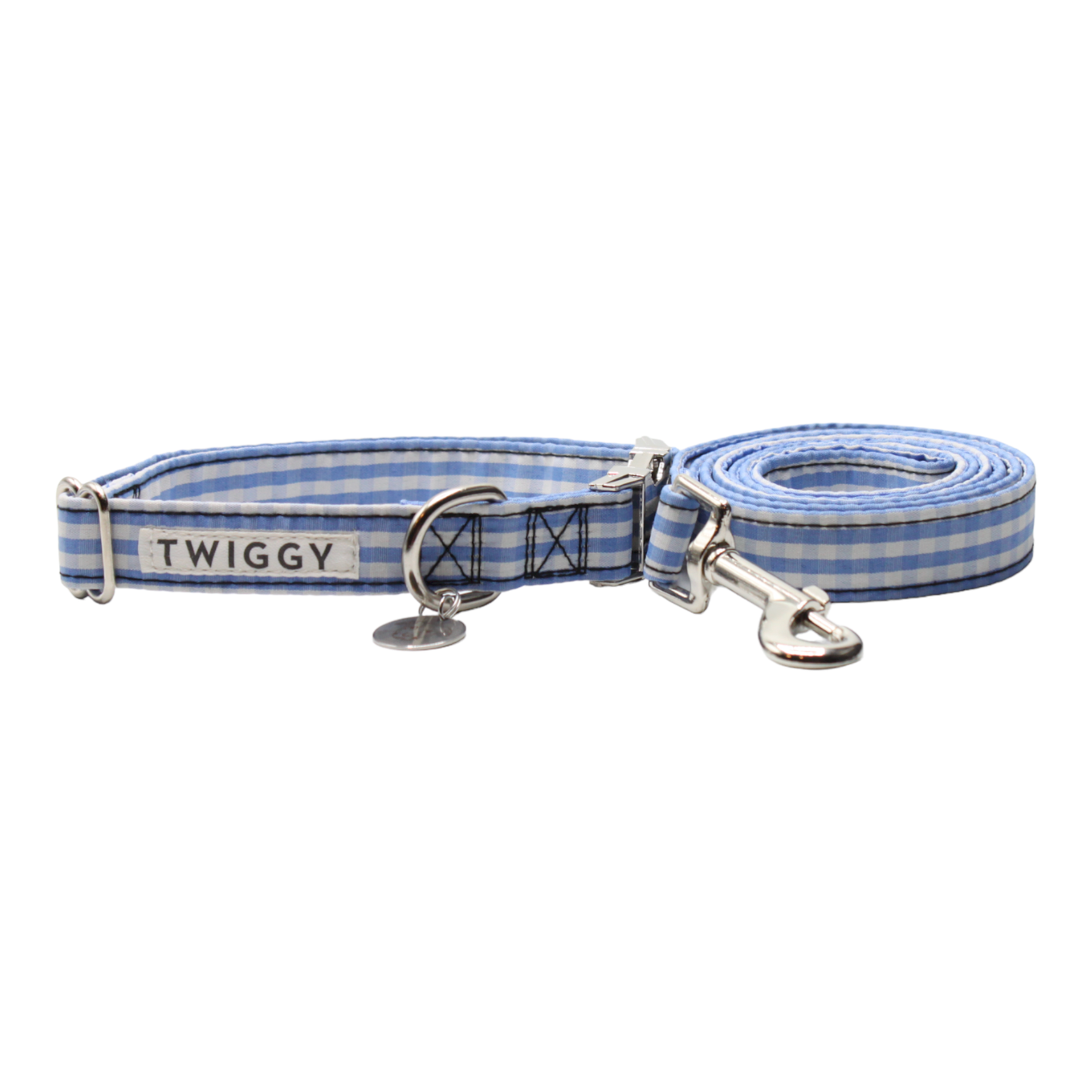 collier laisse chien vichy carreaux élégant chic boucle métal argenté bleu twiggy