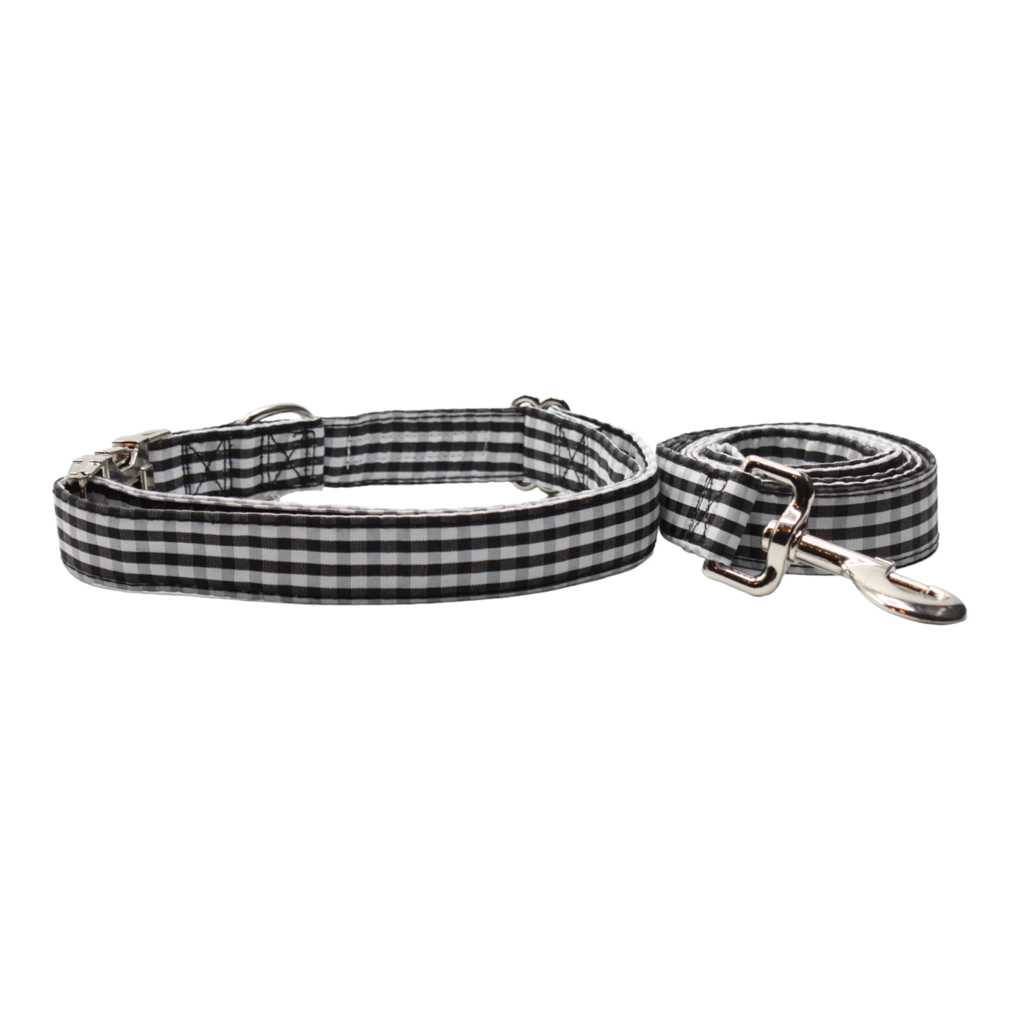 collier laisse chien vichy carreaux élégant chic boucle métal argenté noir et blanc twiggy