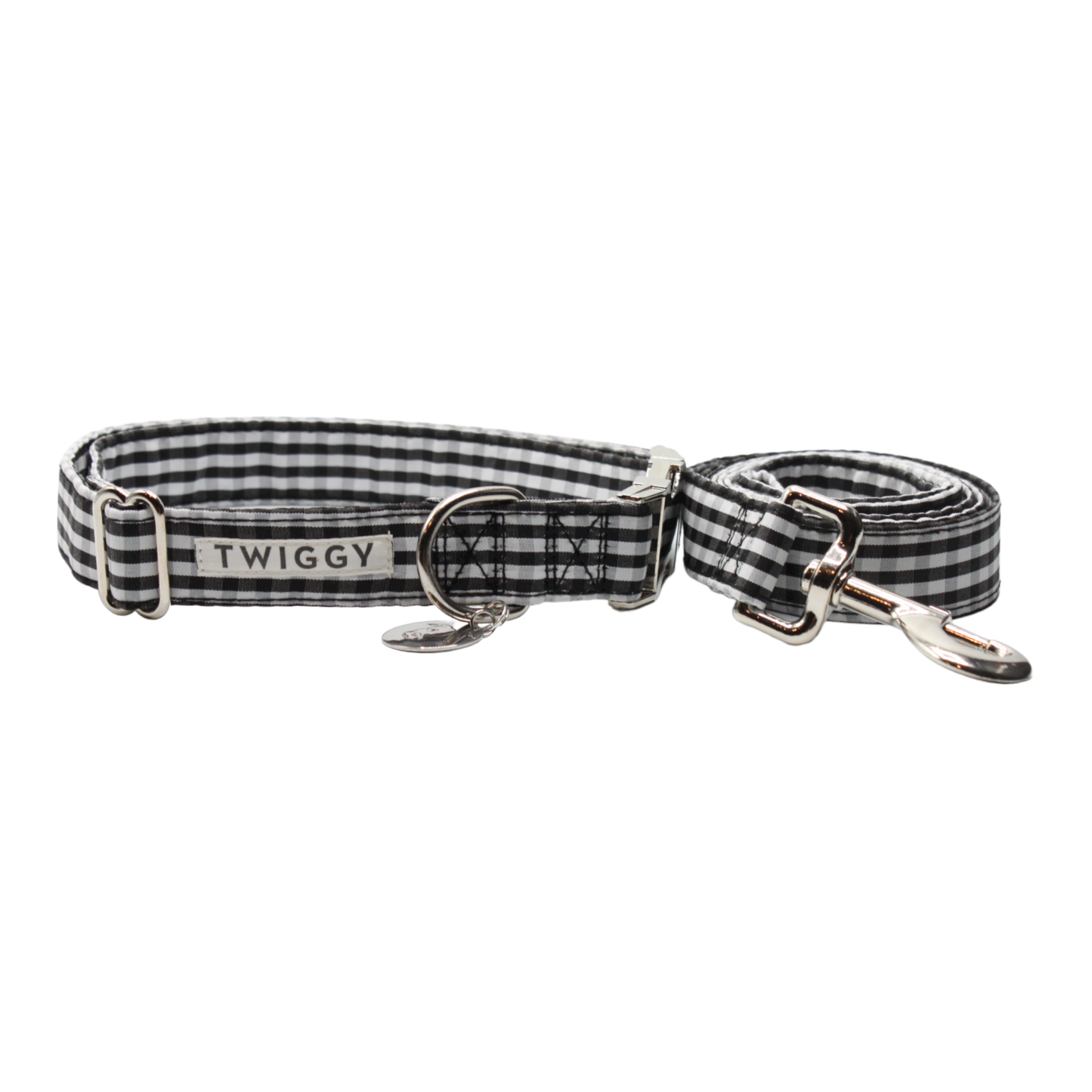 collier laisse chien vichy carreaux élégant chic boucle métal argenté noir et blanc twiggy