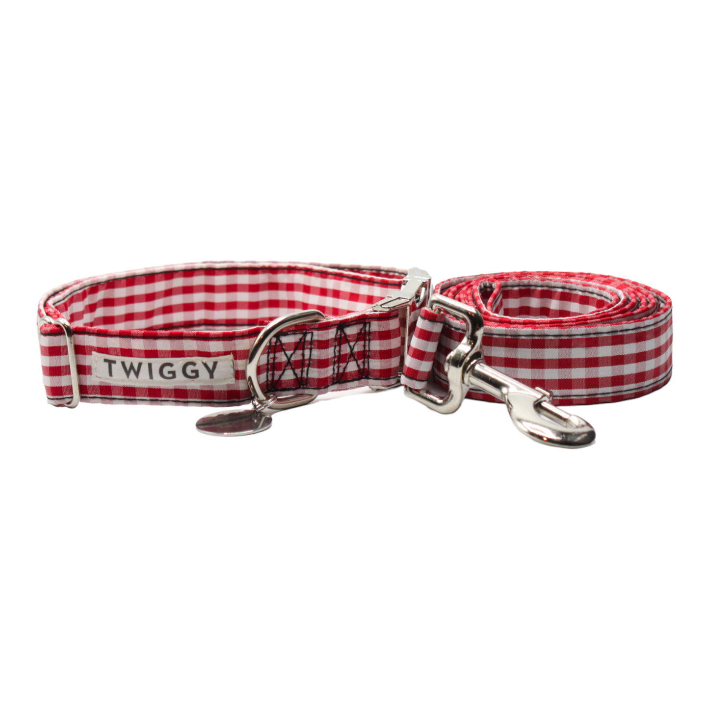 collier laisse chien vichy carreaux élégant chic boucle métal argenté rouge twiggy