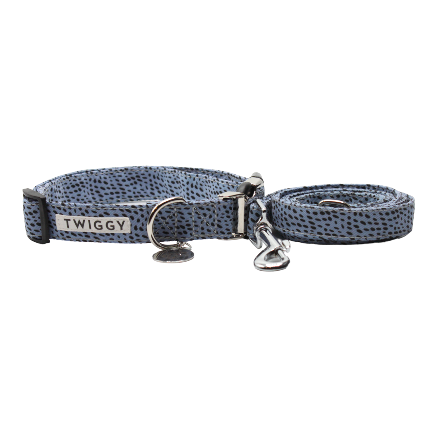 collier laisse chien pois géométrique boucle métal argentée bleu twiggy