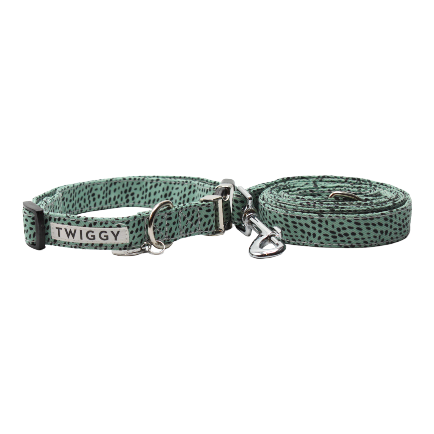 collier laisse chien pois géométrique boucle métal argentée vert twiggy