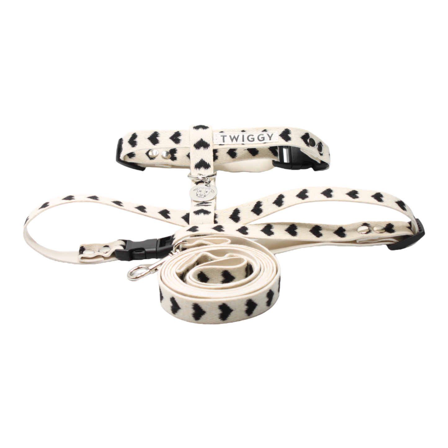 harnais laisse chien boucle plastique coeurs noir saint-valentin twiggy