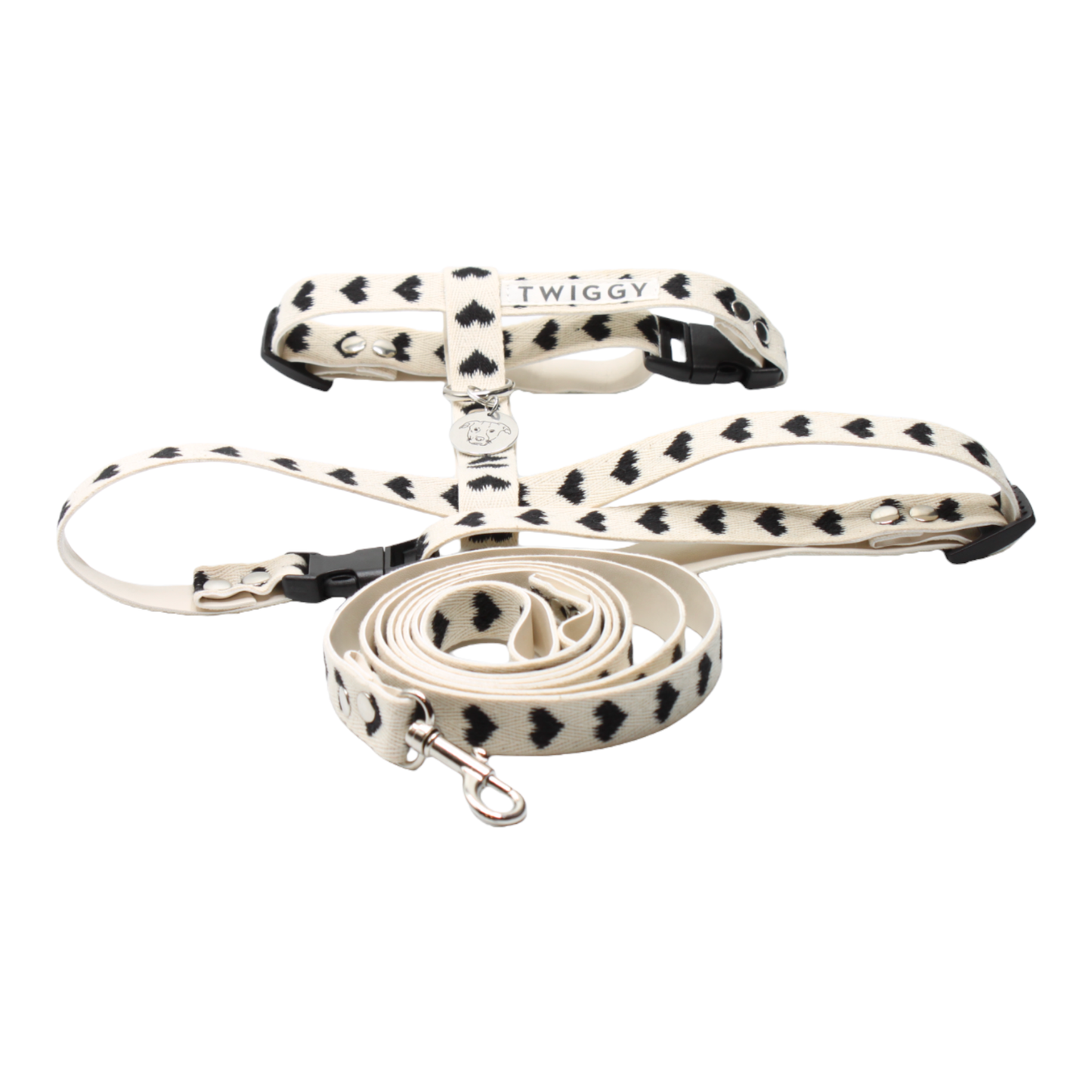 harnais laisse chien boucle plastique coeurs noir saint-valentin twiggy