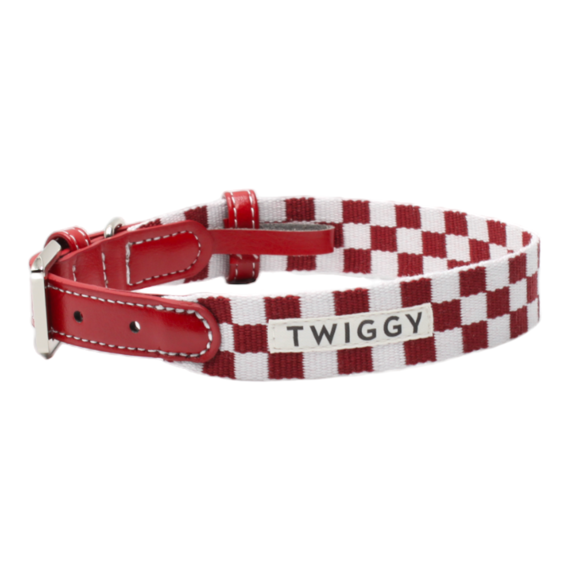 collier chien cuir boucle réglable damier carreaux rouge twiggy