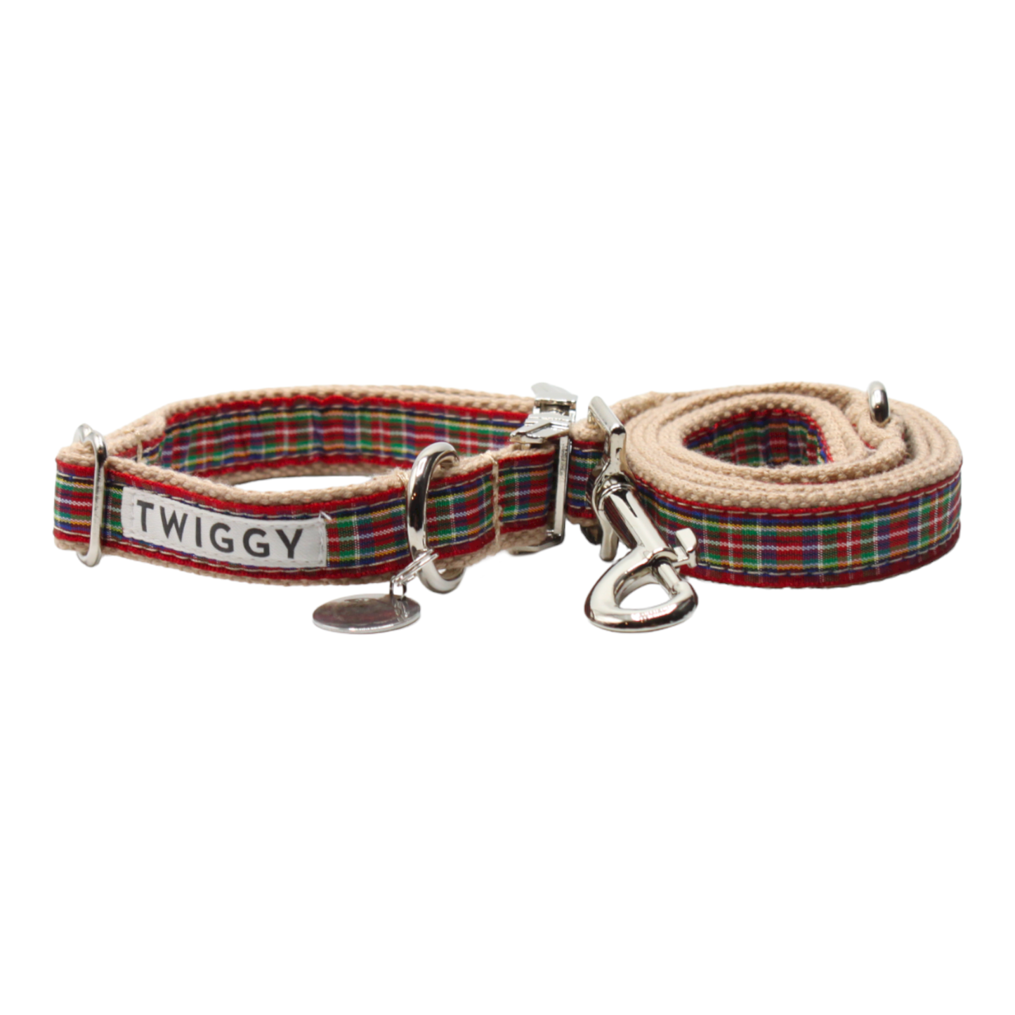 collier laisse chien boucle métal argentée écossais tartan rouge vert twiggy