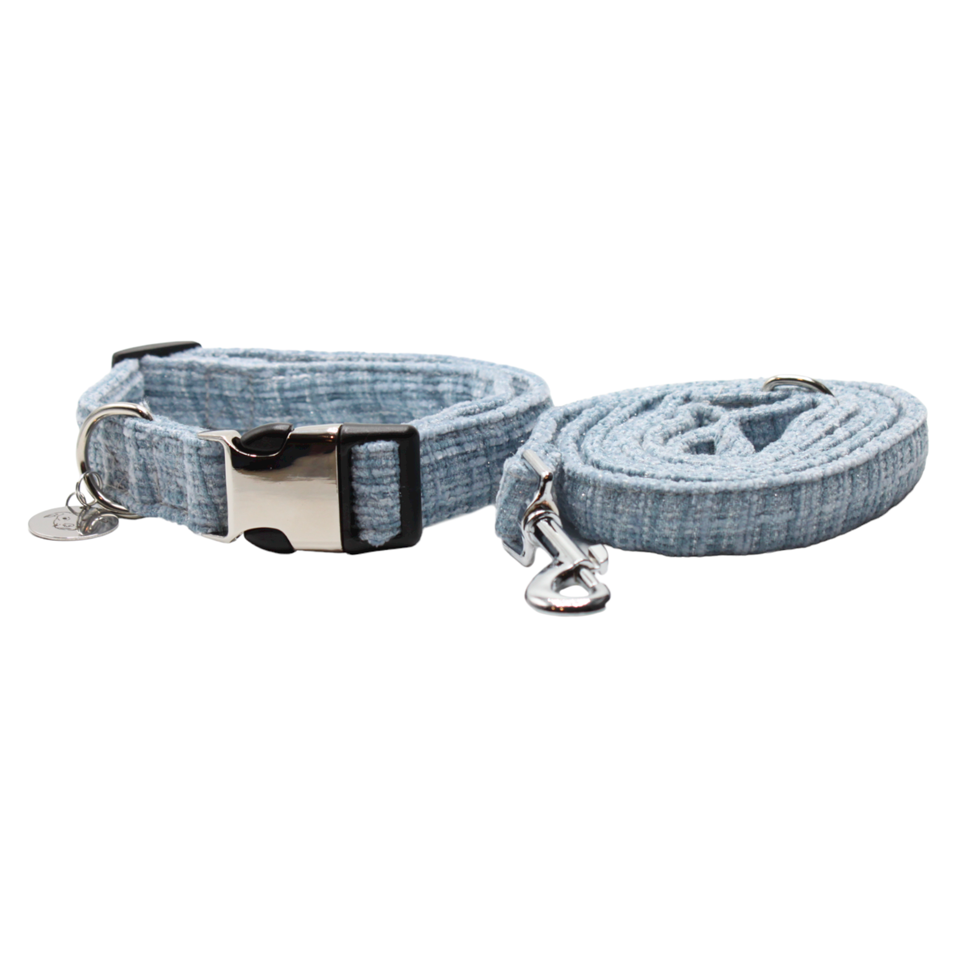 collier laisse chien tweed boucle metal argenté bleu twiggy