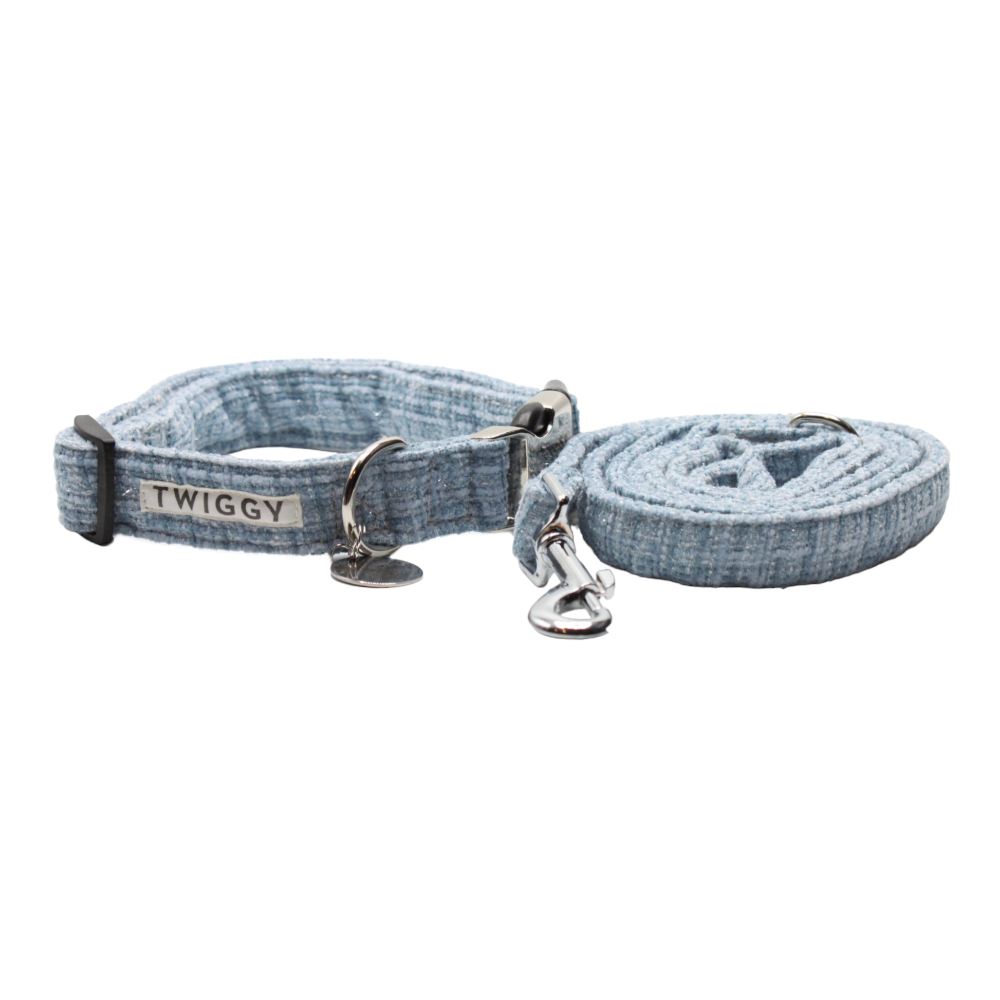 collier laisse chien tweed boucle metal argenté bleu twiggy