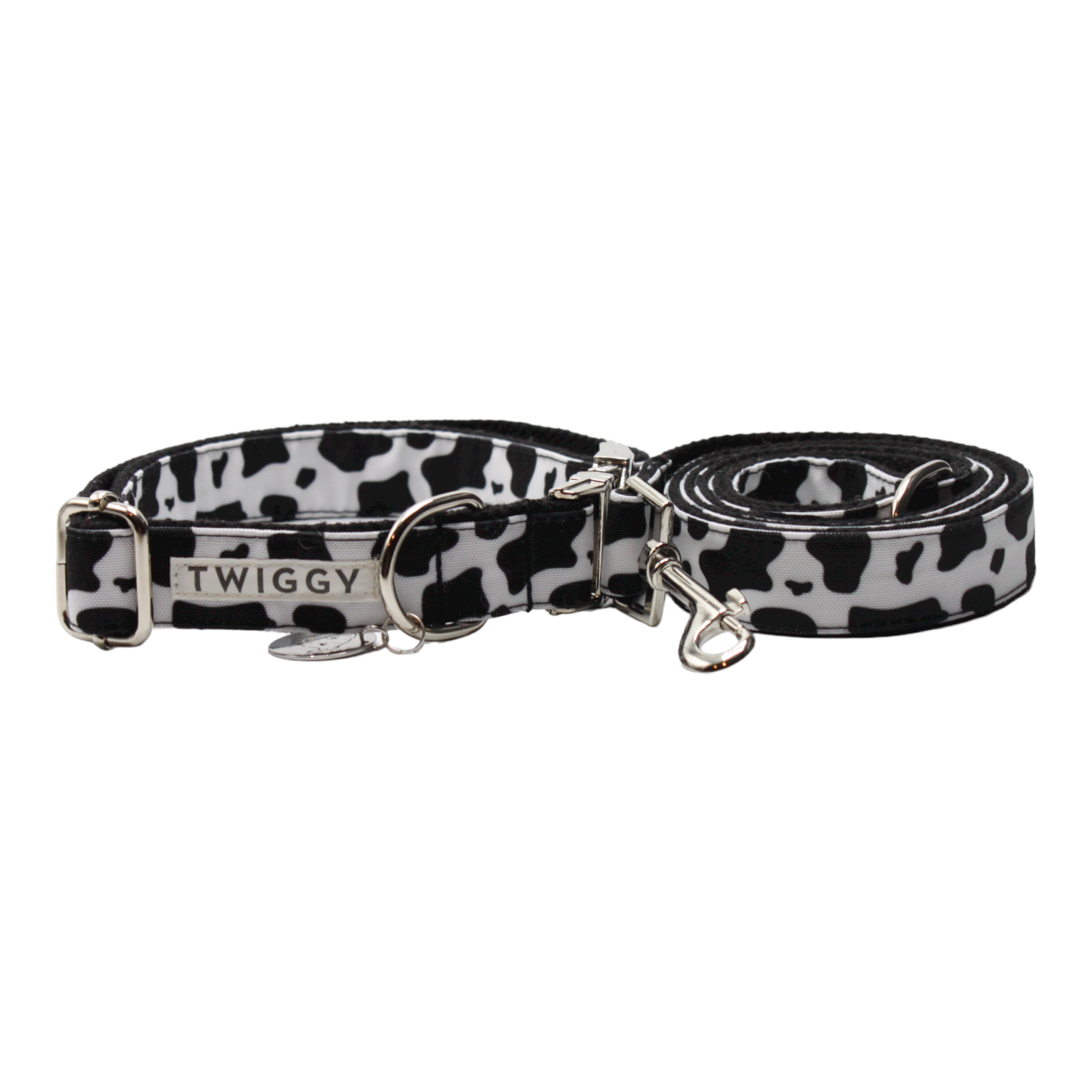 collier laisse chien boucle métal argentée vache noir blanc twiggy