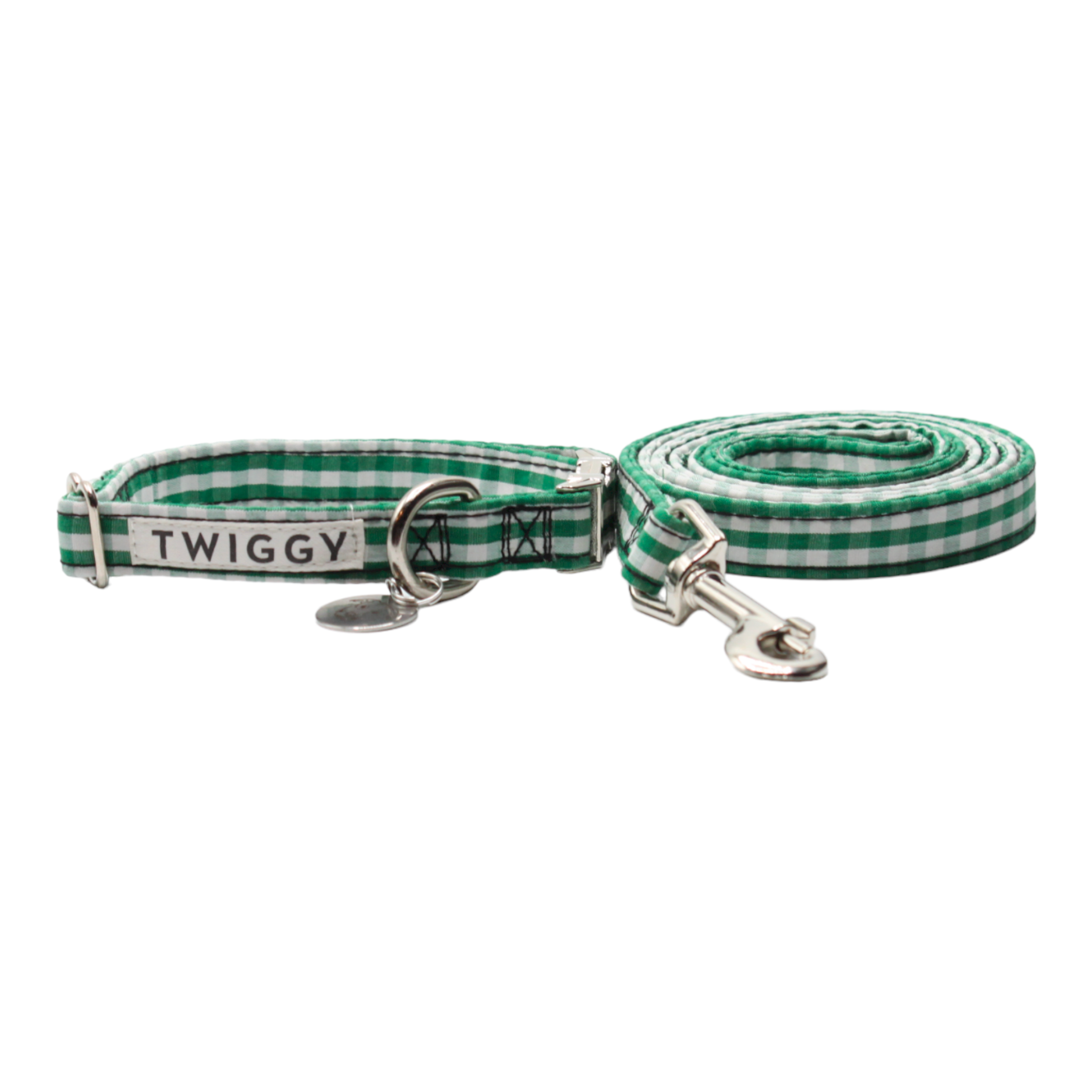 collier laisse chien vichy carreaux élégant chic boucle métal argenté vert twiggy