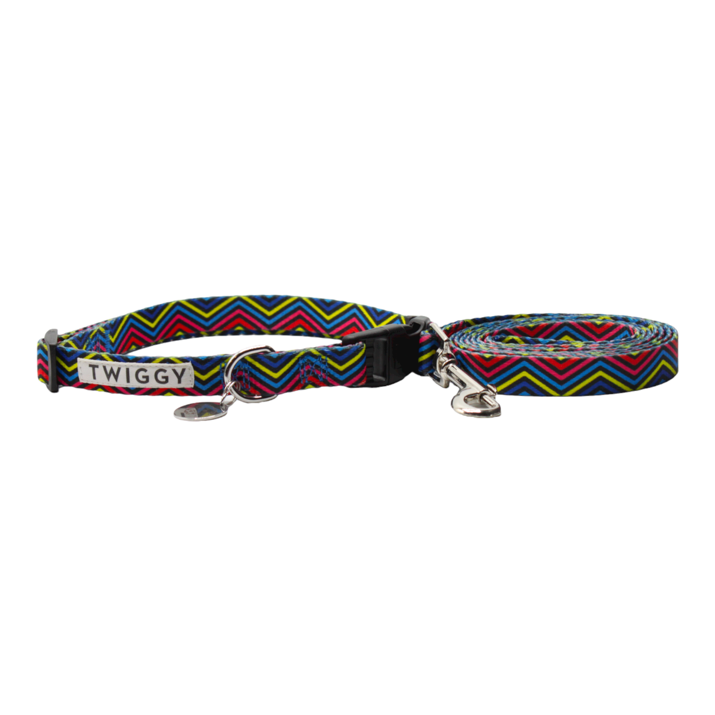 collier laisse chien boucle plastique géométrique vague zig zag multicolore jaune rouge bleu twiggy