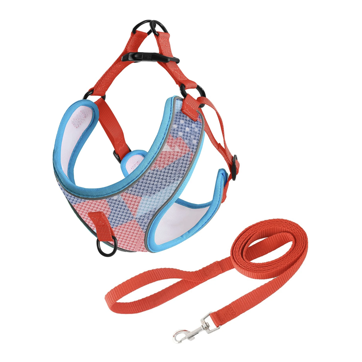 harnais anti traction laisse chien boucle plastique géométrique bleu rouge twiggy